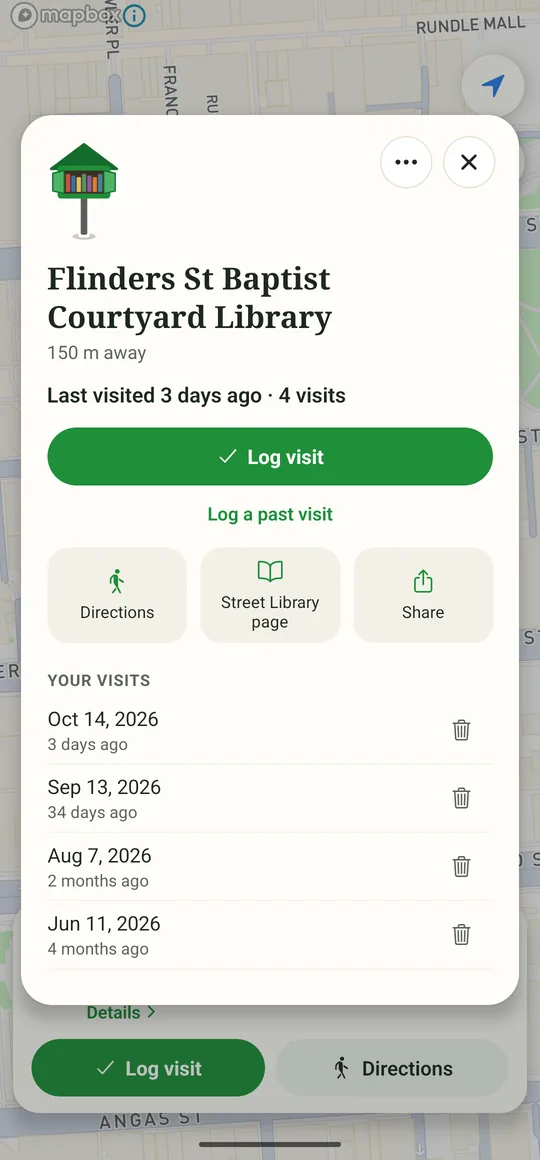 A library's page in Novel Route: when you last visited, a Log visit button, buttons for directions and the Street Library page, and the dates of your past visits