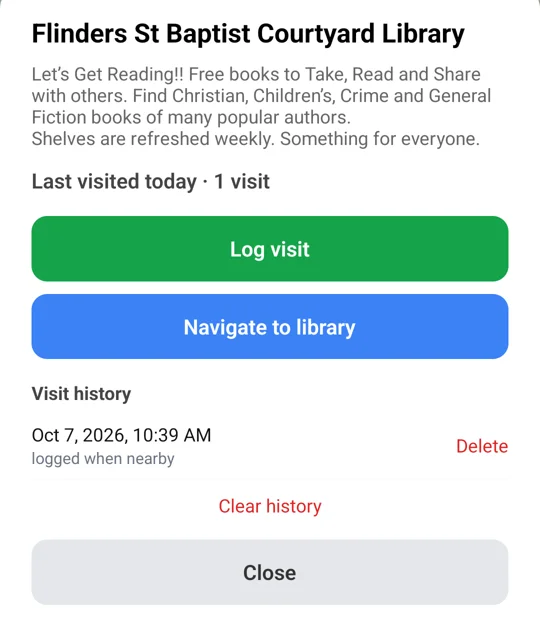 Library details in Novel Route: description, last visited today, buttons to log a visit and navigate, and the visit history
